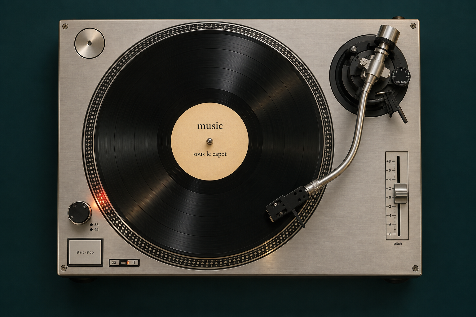 Platine vinyle argentée avec commandes Start/Stop, vitesse et lumière